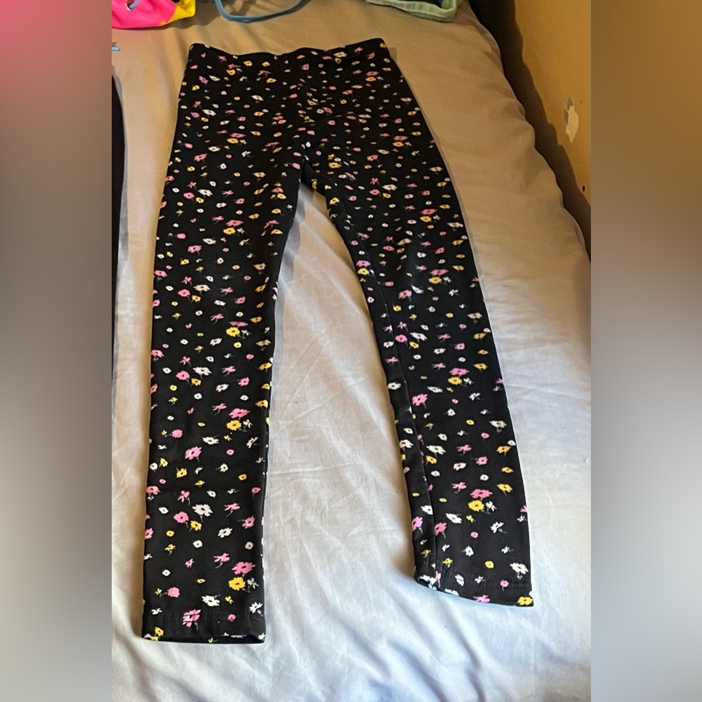 Floral Kids Leggings - Black with Multicolor Flowers